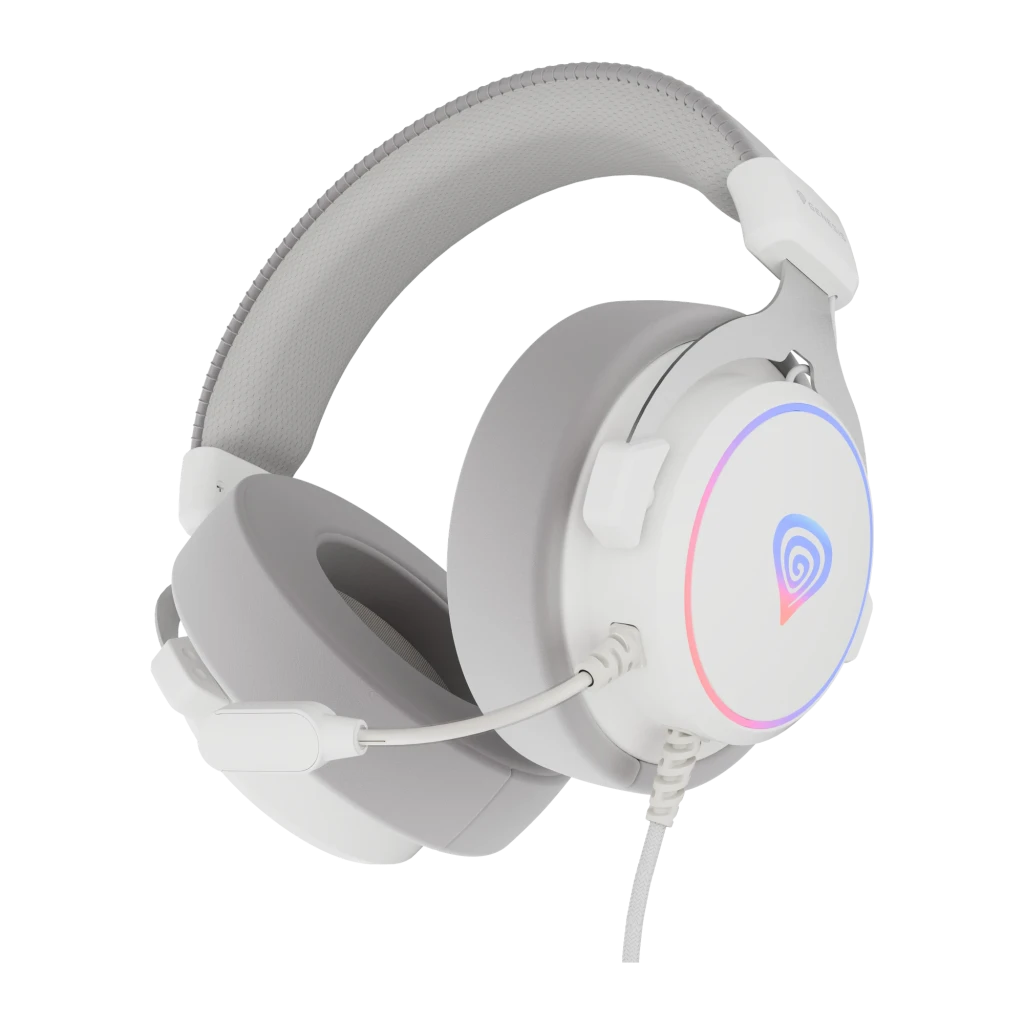 Genesis Neon 764 blanco, vista lateral derecha: iluminación RGB en auricular, micrófono flexible y logo Genesis - Ítem2