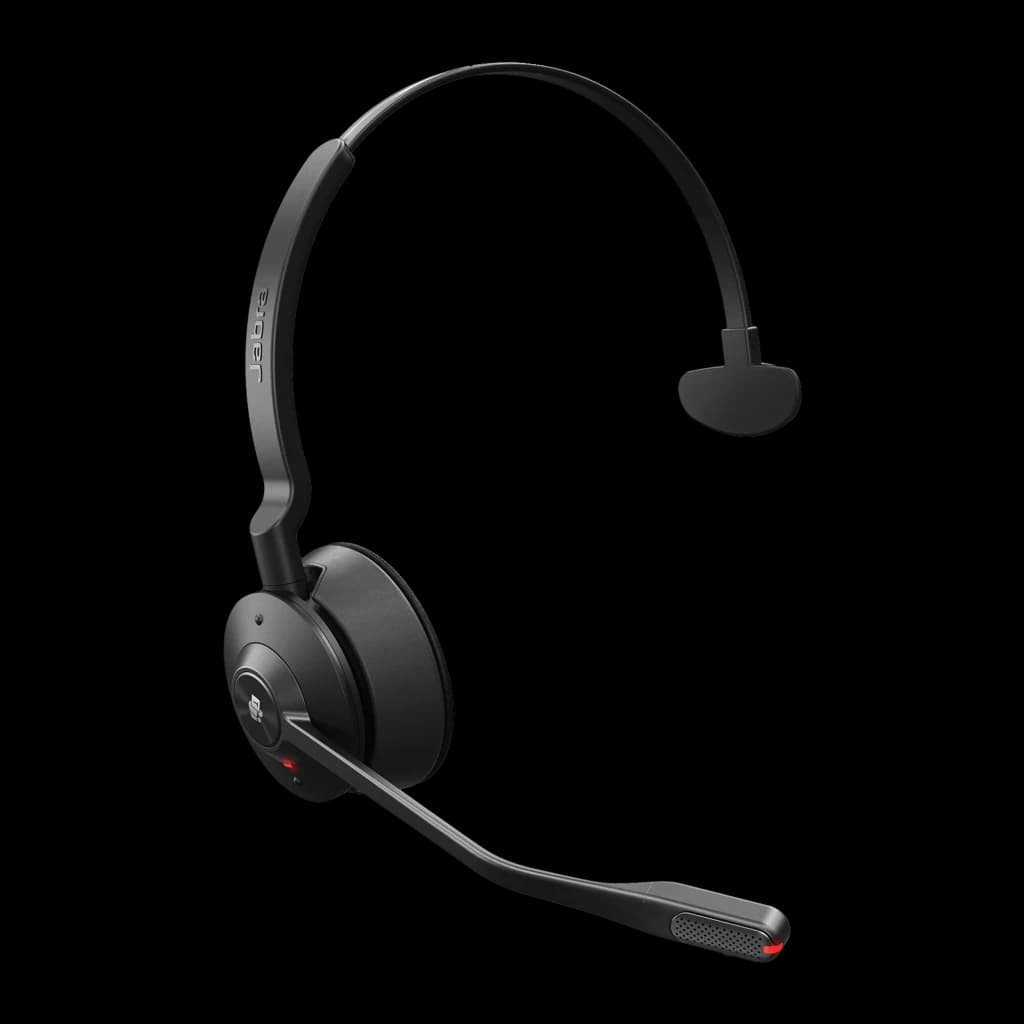 Jabra Engage 55 Mono sans fil noir, vue en angle: casque mono avec micro-perche flexible et détail rouge sur la base