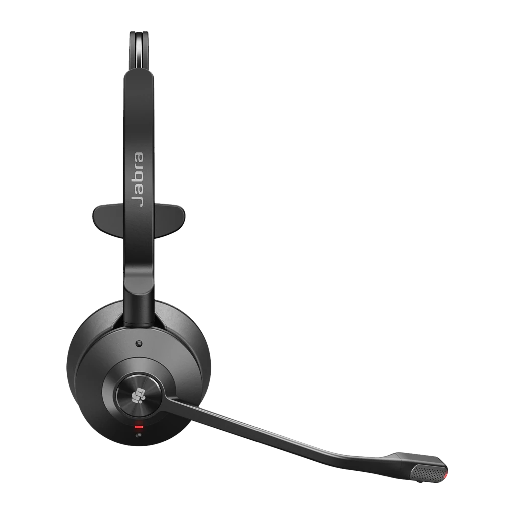 Jabra Engage 55 Mono sem fio preto, vista em ângulo: headset mono com microfone flexível e detalhe vermelho na base - Item1