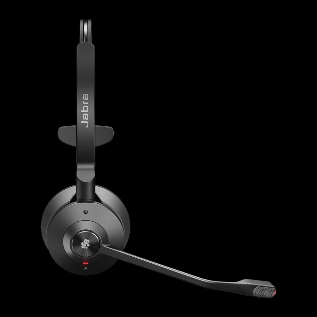Jabra Engage 55 Mono sans fil noir, vue latérale: casque avec arceau ajustable, bouton central et micro-perche déployé