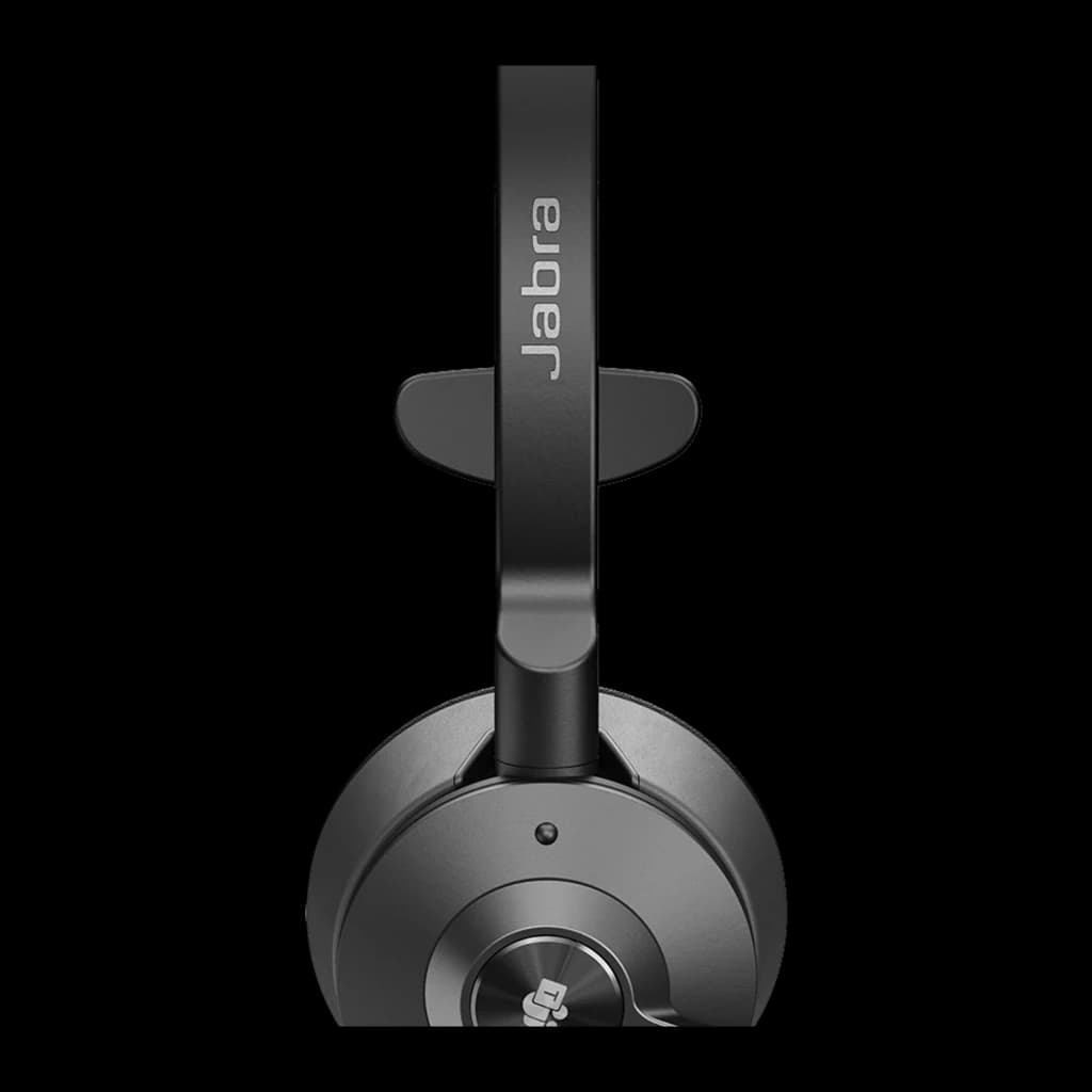 Jabra Engage 55 Mono sans fil noir, vue frontale rapprochée: arceau avec logo Jabra, mécanisme de réglage et coque