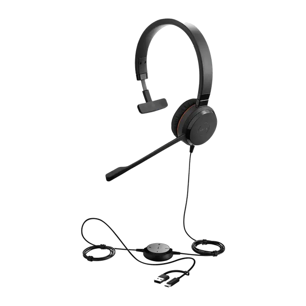 Jabra Evolve 20 SE UC Mono negro, vista lateral derecha: auricular monoaural con micrófono boom, franja roja y logo Jabra - Ítem3