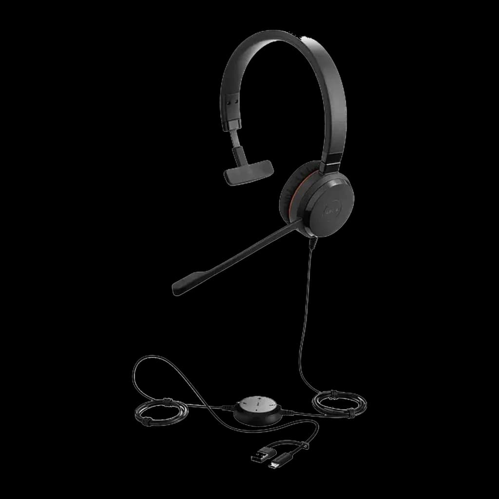 Jabra Evolve 20 SE UC Mono preto, kit completo: headset com controlador inline, cabos USB-A e USB-C incluídos