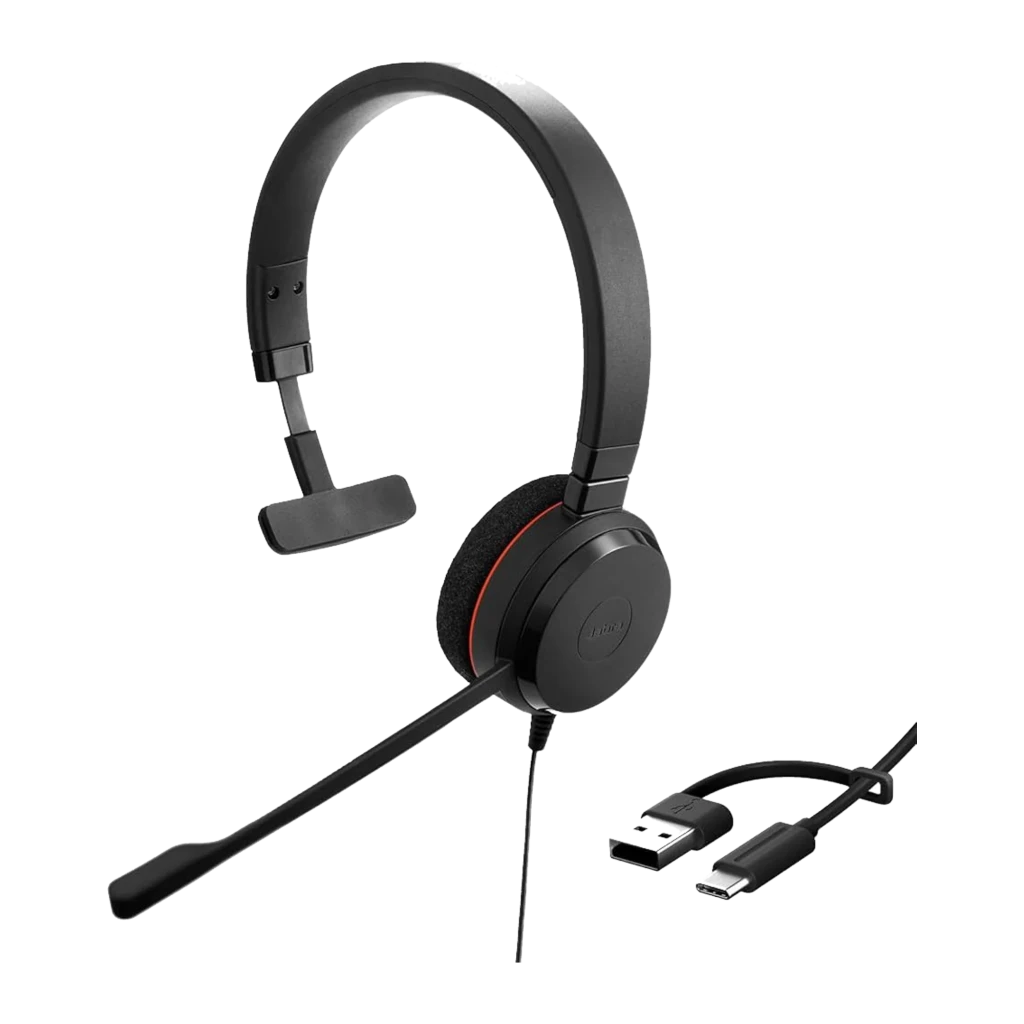 Jabra Evolve 20 SE UC Mono negro, vista lateral derecha: auricular monoaural con micrófono boom, franja roja y logo Jabra - Ítem4