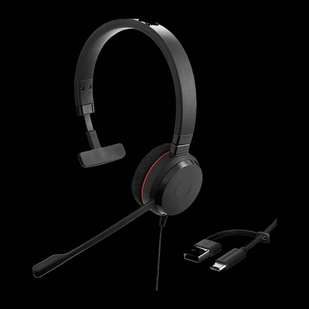 Jabra Evolve 20 SE UC Mono preto, kit com acessórios: headset ao lado de adaptador USB-A para USB-C separado em destaque