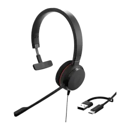 Jabra Evolve 20 SE UC Mono preto, kit com acessórios: headset ao lado de adaptador USB-A para USB-C separado em destaque
