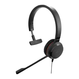 Jabra Evolve 20 SE UC Mono preto, vista lateral direita: headset monoaural com microfone boom, anel vermelho e logo Jabra