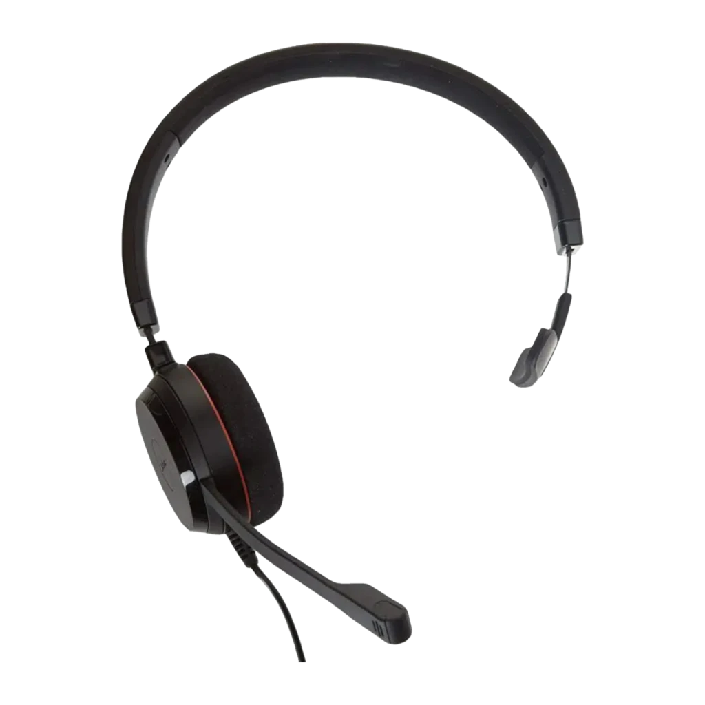 Jabra Evolve 20 SE UC Mono negro, vista lateral derecha: auricular monoaural con micrófono boom, franja roja y logo Jabra - Ítem1
