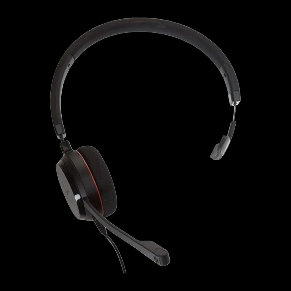 Jabra Evolve 20 SE UC Mono preto, vista lateral esquerda: headset monoaural com microfone boom e anel vermelho visível