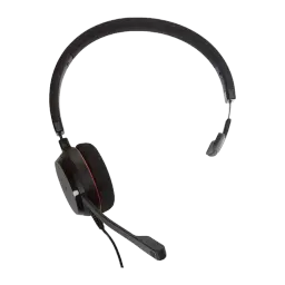 Jabra Evolve 20 SE UC Mono preto, vista lateral esquerda: headset monoaural com microfone boom e anel vermelho visível