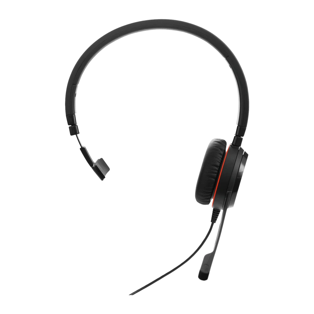 Jabra Evolve 20 SE UC Mono negro, vista lateral derecha: auricular monoaural con micrófono boom, franja roja y logo Jabra - Ítem2