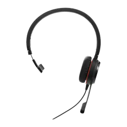 Jabra Evolve 20 SE UC Mono preto, vista lateral oposta: almofada de couro, anel vermelho e microfone boom em destaque