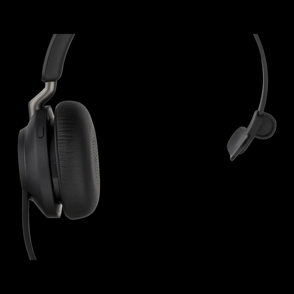 Jabra Evolve2 40 SE UC Mono USB-C/A noir, gros plan: coussin en cuir, charnière métallique et microphone en détail