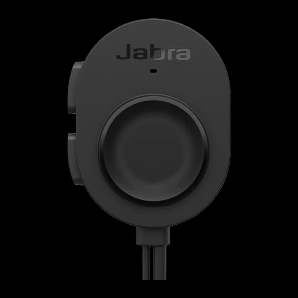 Jabra Perform 10 USB-C noir, vue avant: corps arrondi avec logo Jabra, molette de contrôle centrale et LED indicateur