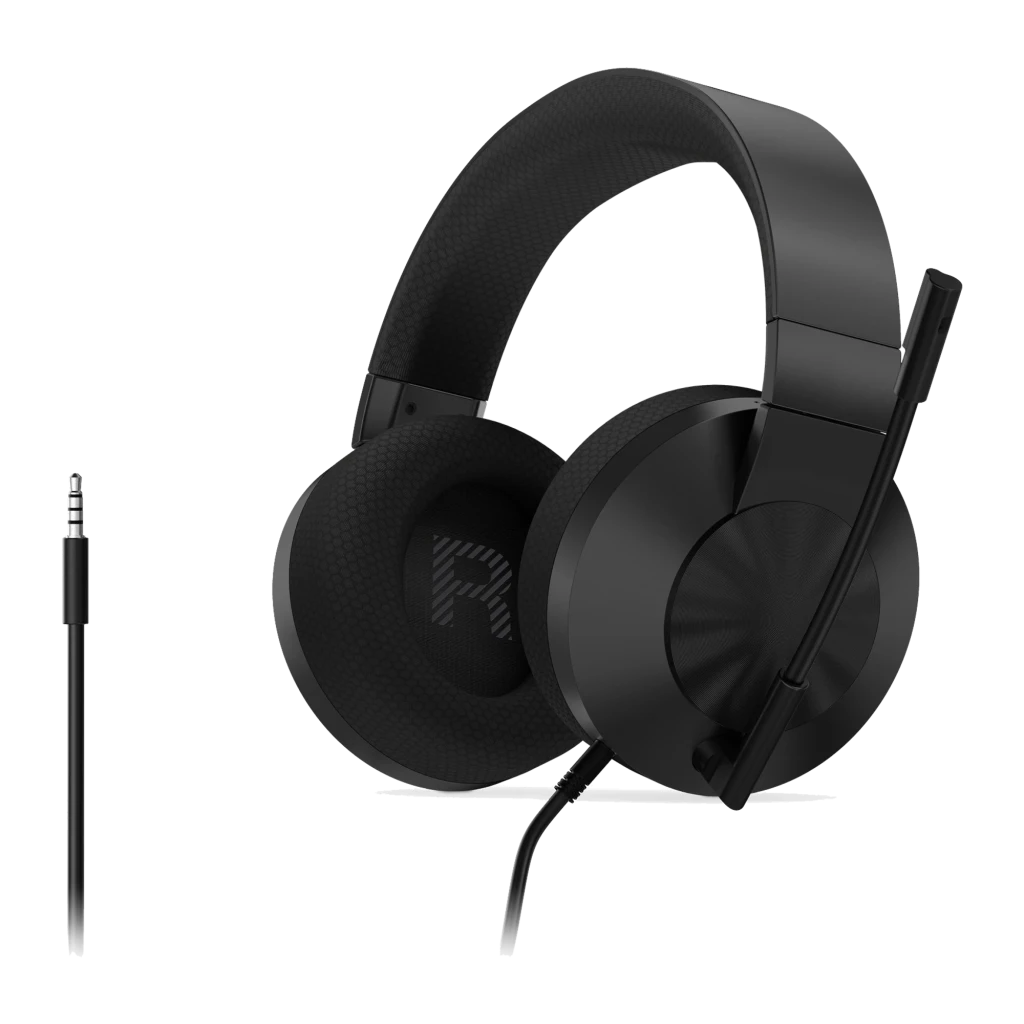 Lenovo Auriculares H210 Negro, vista frontal en ángulo: almohadillas de malla, diadema acolchada y micrófono extensible - Ítem4
