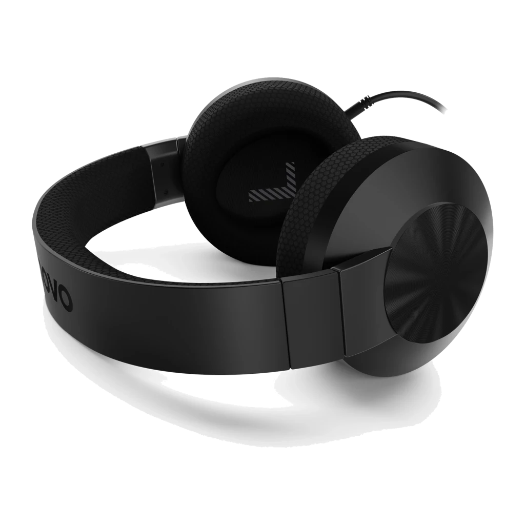 Lenovo Auriculares H210 Negro, vista frontal en ángulo: almohadillas de malla, diadema acolchada y micrófono extensible - Ítem1