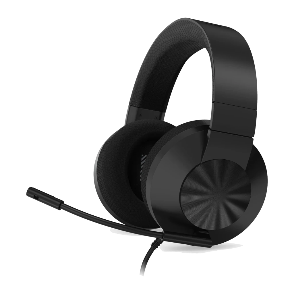 Lenovo Auriculares H210 Negro, vista frontal en ángulo: almohadillas de malla, diadema acolchada y micrófono extensible - Ítem2