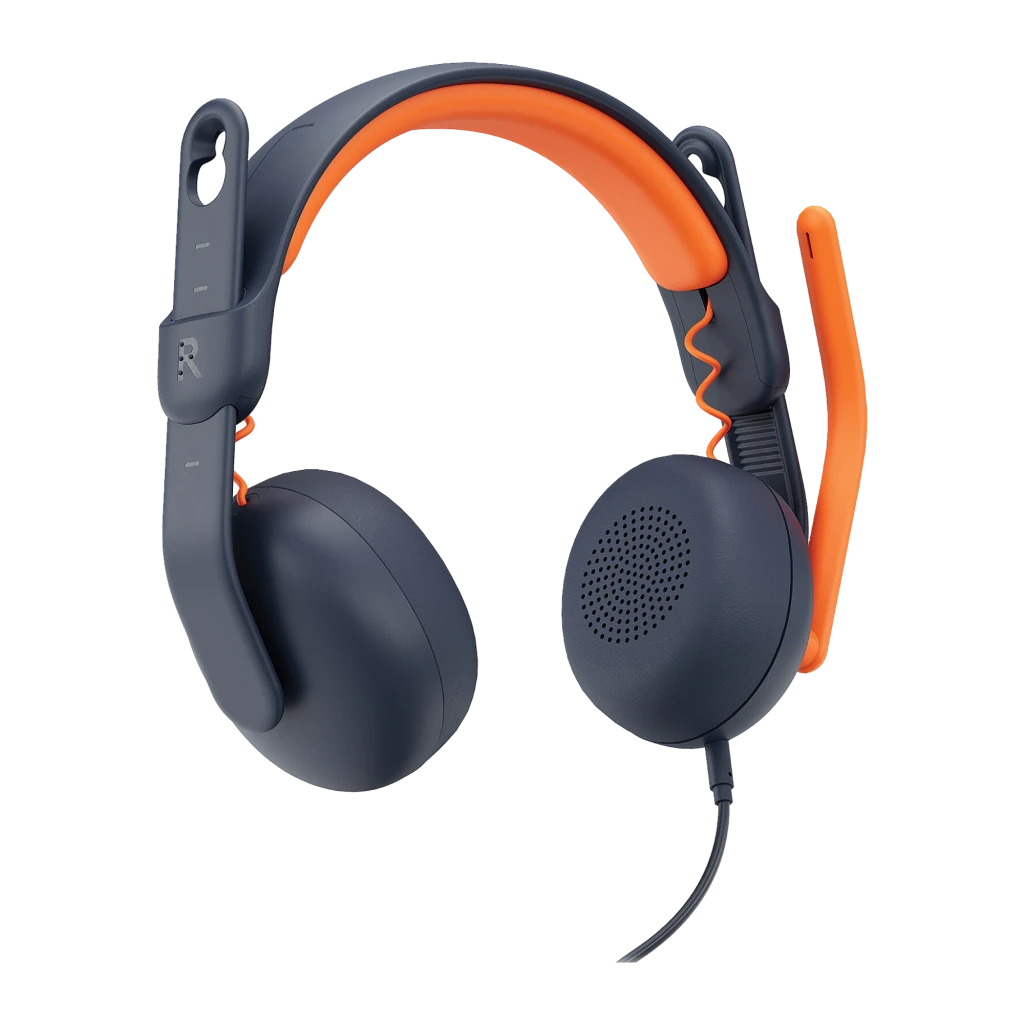 Logitech Auriculares Zone Learn Azul, vista lateral: almohadillas over-ear, diadema naranja y micrófono flexible naranja - Ítem1