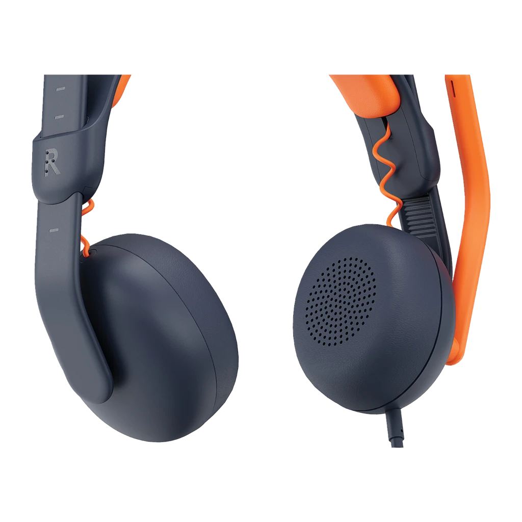 Logitech Auriculares Zone Learn Azul, vista lateral: almohadillas over-ear, diadema naranja y micrófono flexible naranja - Ítem2