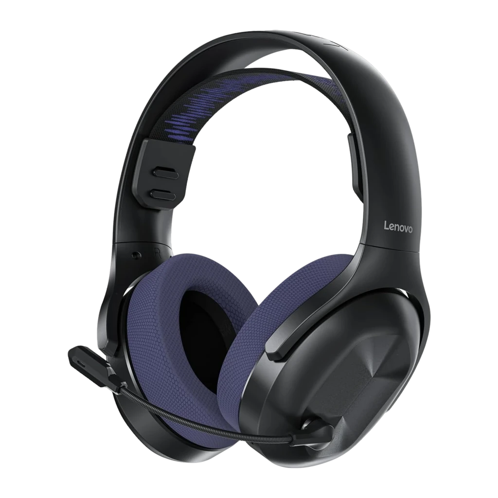Lenovo Legion H410 Púrpura, vista frontal: auriculares con almohadillas púrpura texturizadas y micrófono flexible - Ítem1