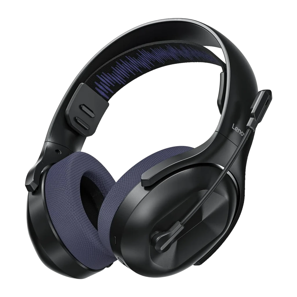 Lenovo Legion H410 Púrpura, vista frontal: auriculares con almohadillas púrpura texturizadas y micrófono flexible - Ítem2