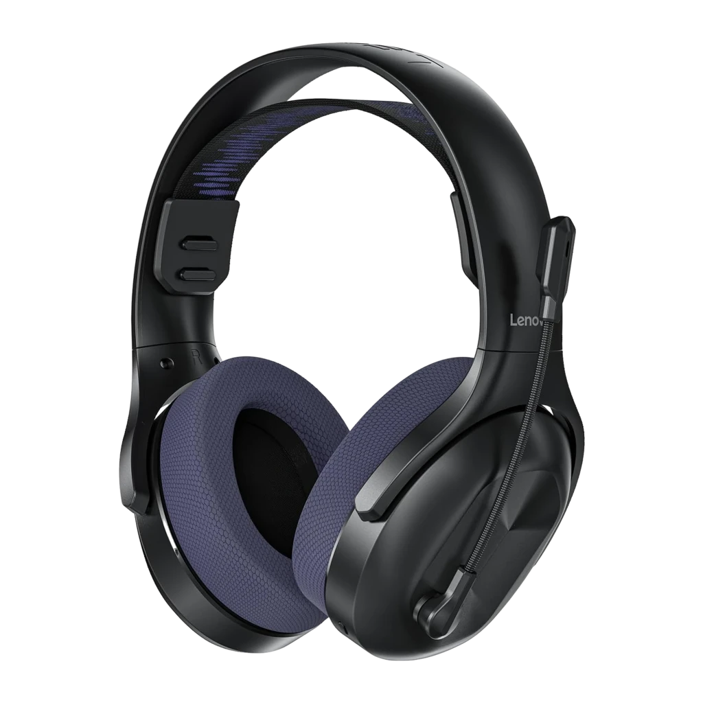 Lenovo Legion H410 Púrpura, vista frontal: auriculares con almohadillas púrpura texturizadas y micrófono flexible - Ítem3