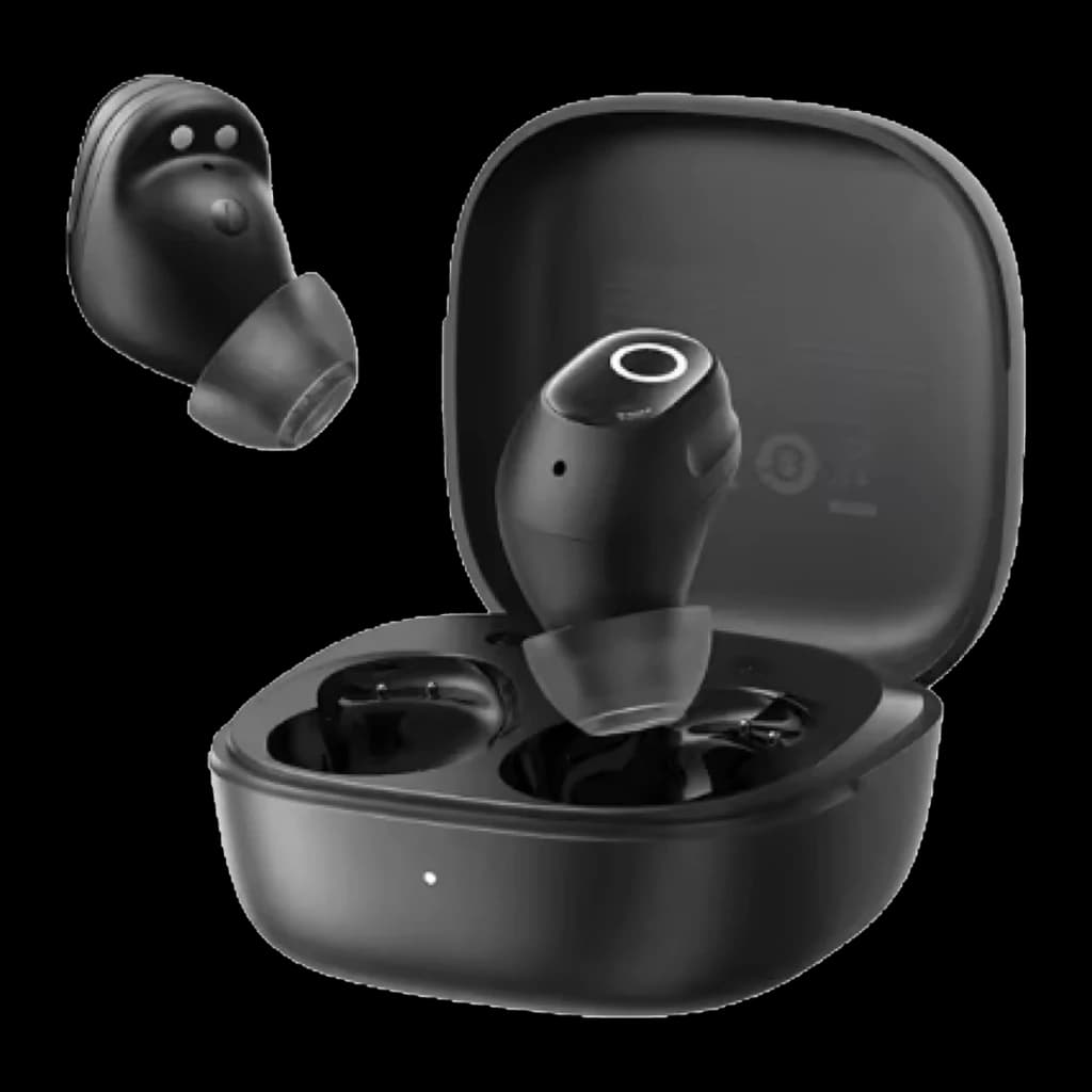 Baseus Bass BD1 TWS negro, vista principal: estuche abierto con auricular dentro y segundo auricular flotando