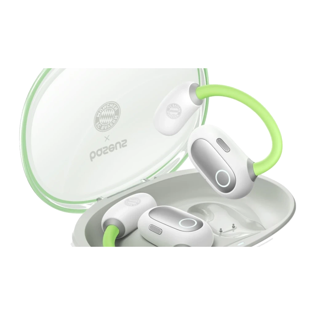 Baseus Eli Sport 1 TWS branco, vista principal: auriculares com gancho verde e estojo aberto com logo FC Bayern - Item1