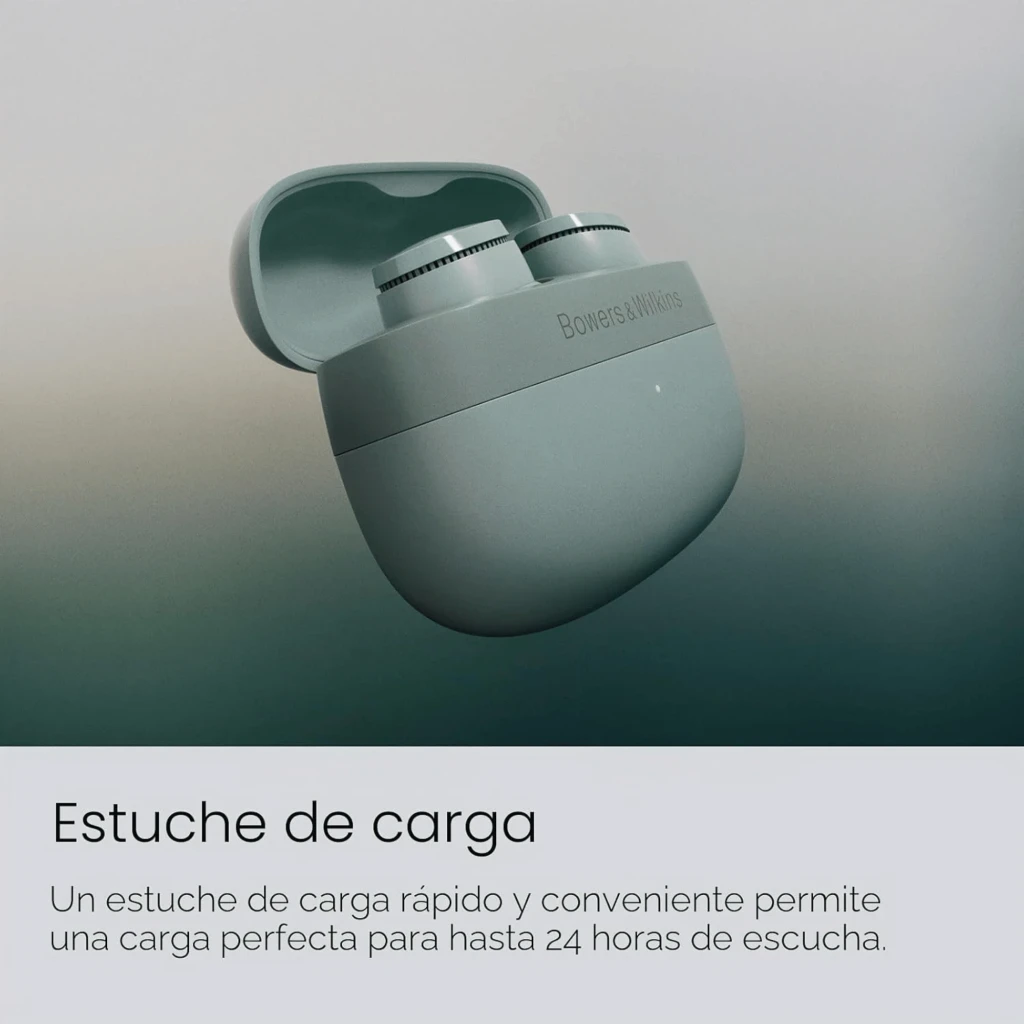 Écouteurs intra-auriculaires vert clair compacts, embouts silicone blancs, boîtier lisse avec logo Bowers & Wilkins, lignes épurées et finition mate - Ítem2