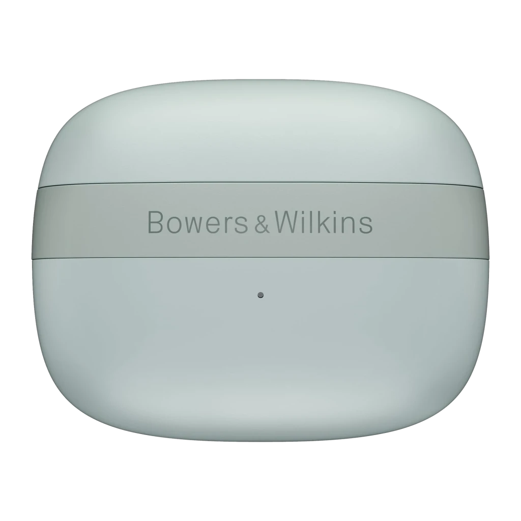 Bowers & Wilkins Pi6 Vert, vue de face: étui de charge fermé avec logo gravé et finition mate - Ítem