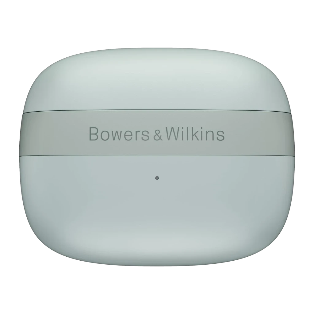 Écouteurs intra-auriculaires vert clair compacts, embouts silicone blancs, boîtier lisse avec logo Bowers & Wilkins, lignes épurées et finition mate - Ítem7