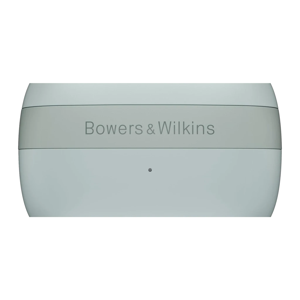 Bowers & Wilkins Pi6 Vert, vue de face: étui de charge fermé avec logo gravé et finition mate - Ítem1