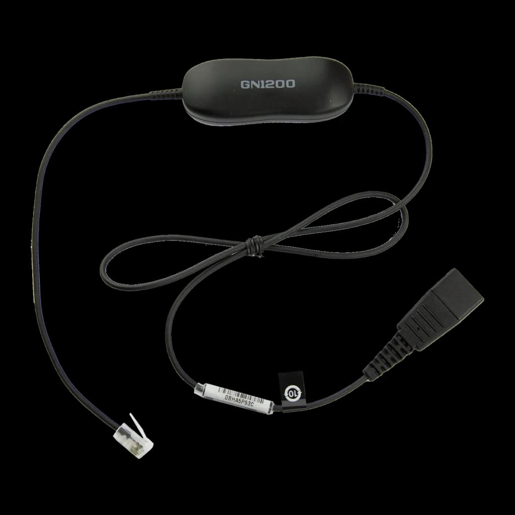 Jabra Cable GN1200 preto, vista principal: cabo completo com módulo central, conectores RJ e QD visíveis
