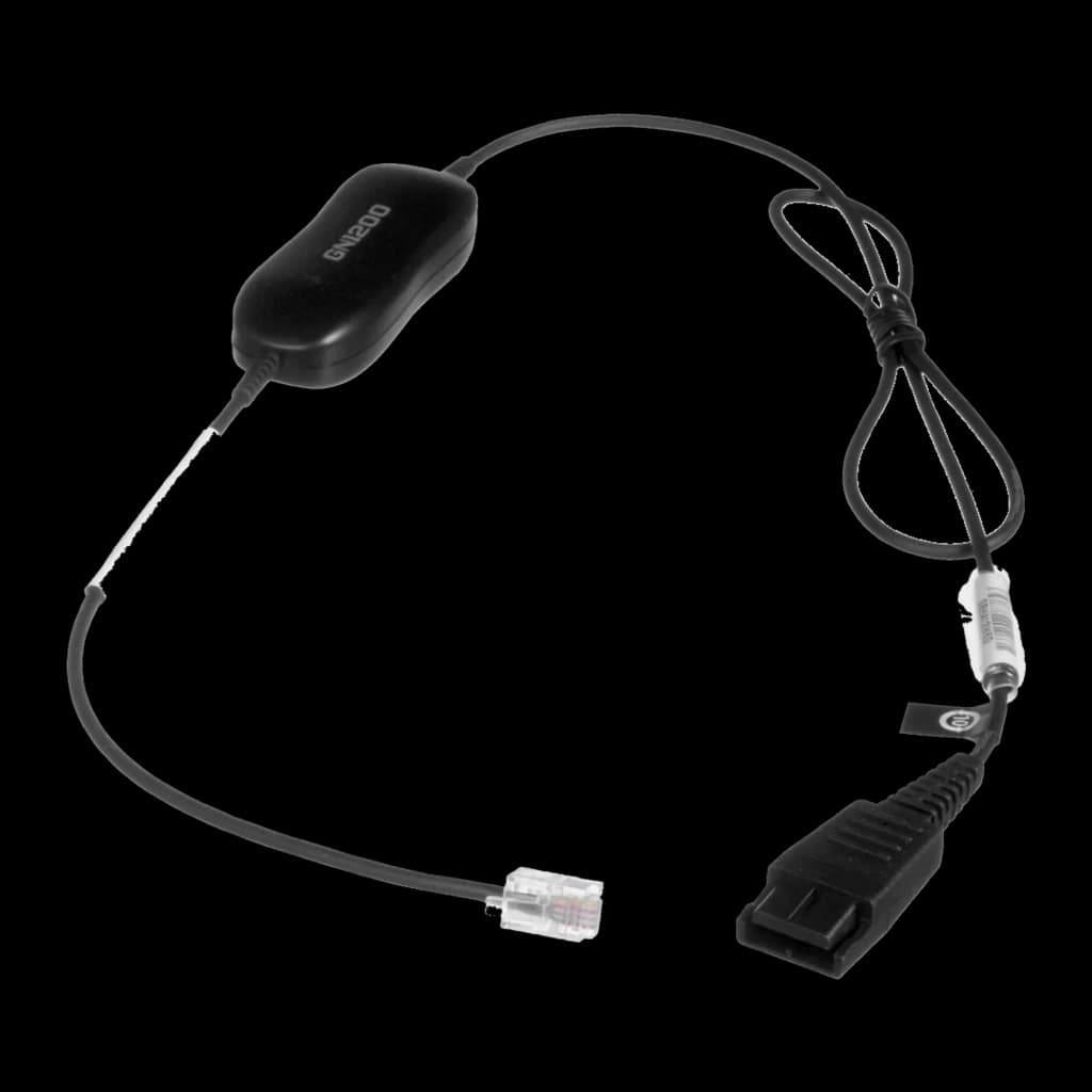 Jabra Cable GN1200 preto, vista angular: disposição estendida com conector RJ transparente e plug QD