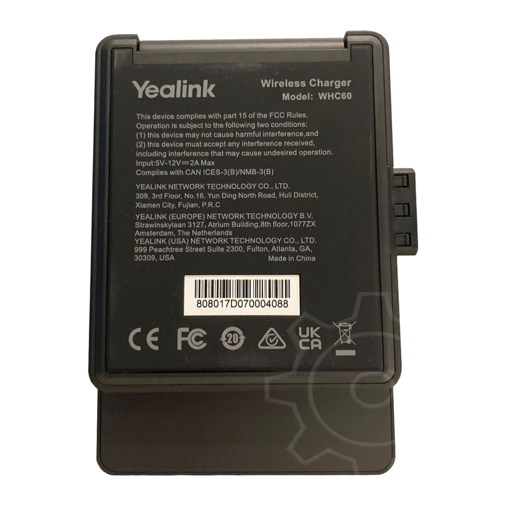 Yealink Cargador inalámbrico WHC60 negro, vista frontal en ángulo: superficie de carga con icono Qi y LED verde en base - Ítem1
