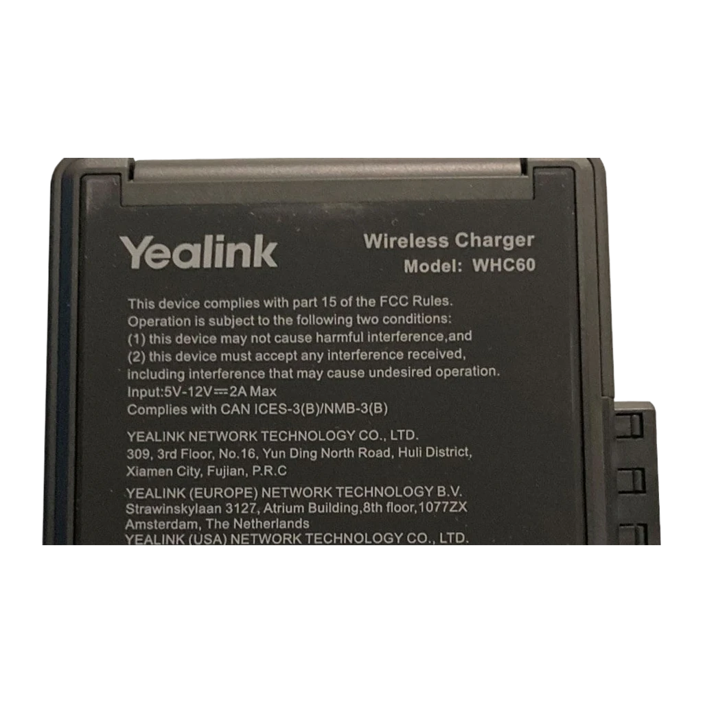 Yealink Cargador inalámbrico WHC60 negro, vista frontal en ángulo: superficie de carga con icono Qi y LED verde en base - Ítem2