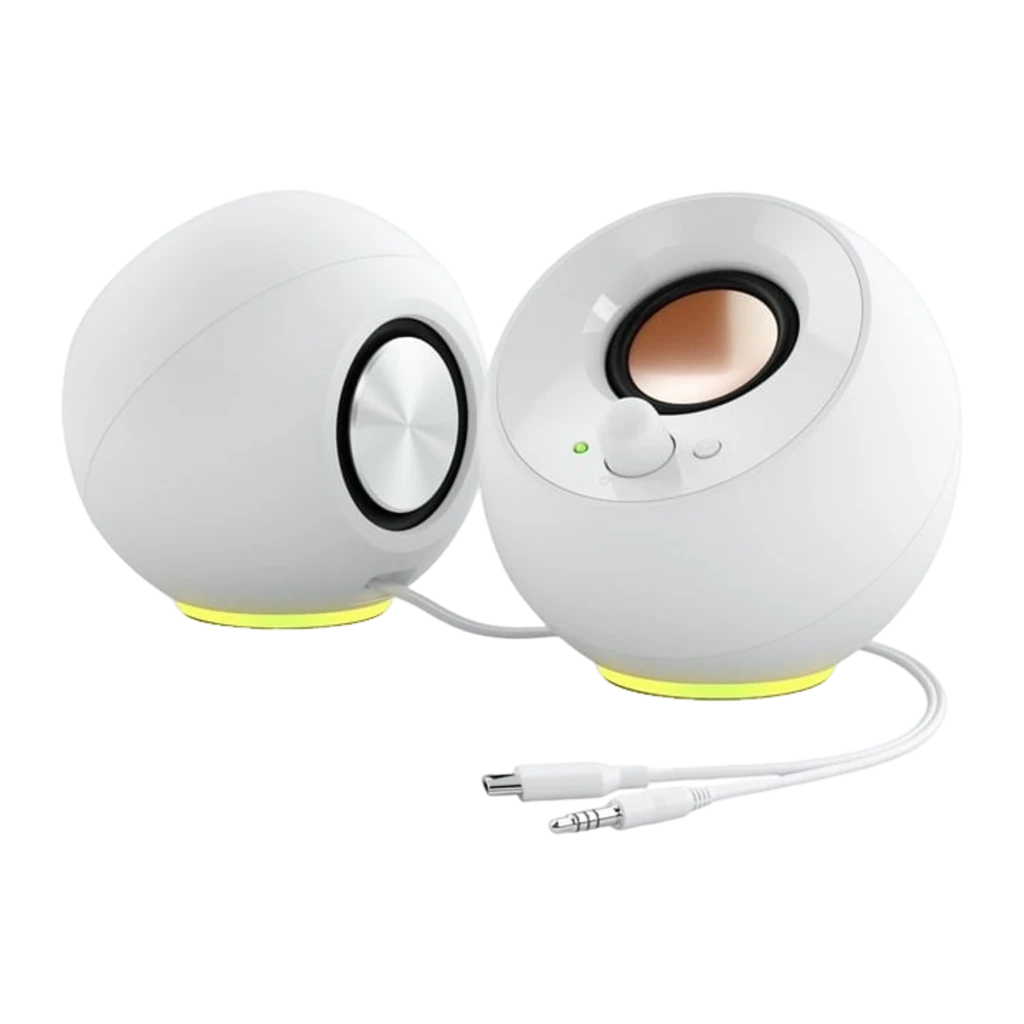 Creative Pebble SE branco, vista frontal em ângulo: dois altifalantes esféricos, cone dourado, botão de volume e LED verde - Item2