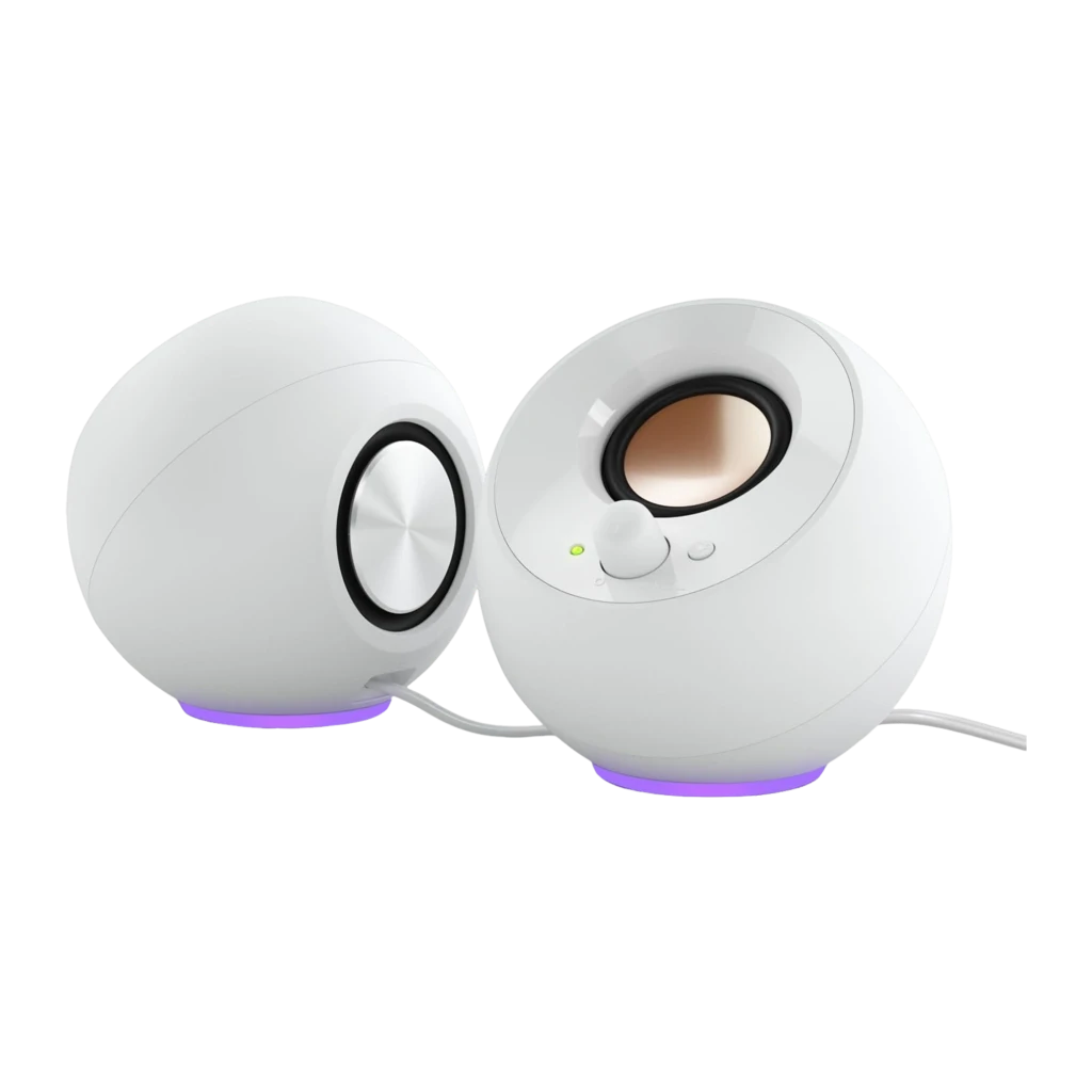 Creative Pebble SE branco, vista frontal em ângulo: dois altifalantes esféricos, cone dourado, botão de volume e LED verde - Item4