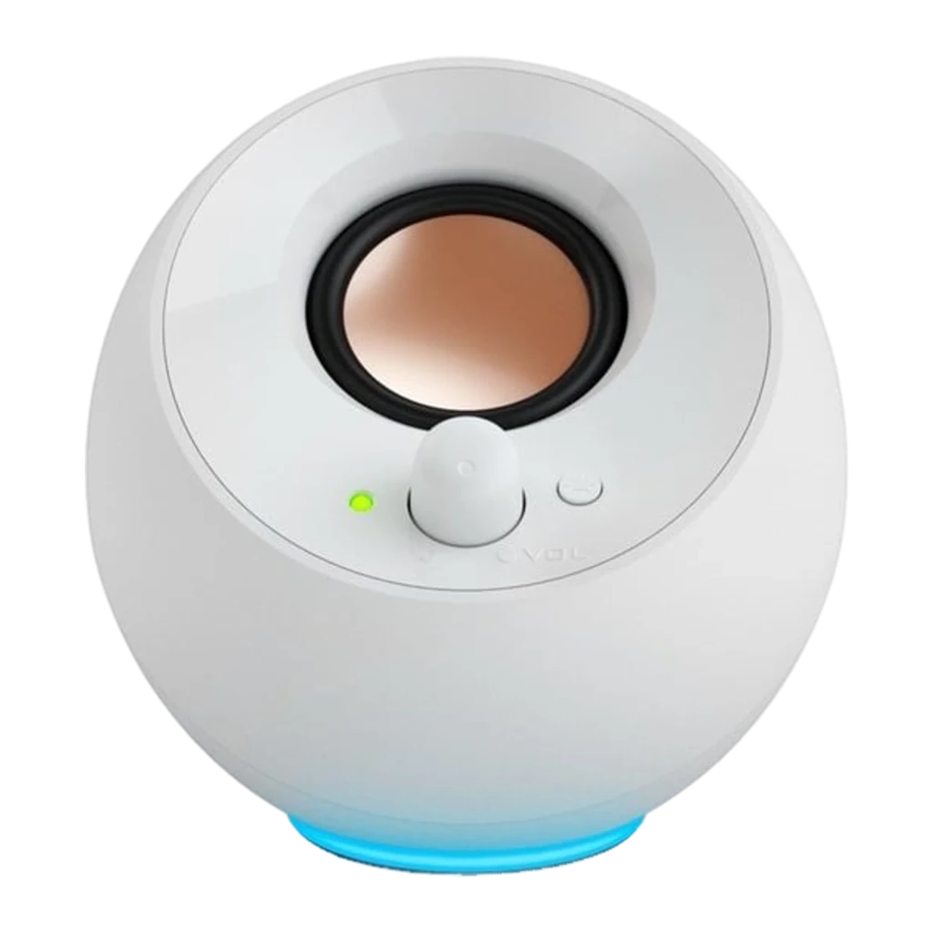 Creative Pebble SE branco, vista frontal em ângulo: dois altifalantes esféricos, cone dourado, botão de volume e LED verde - Item1