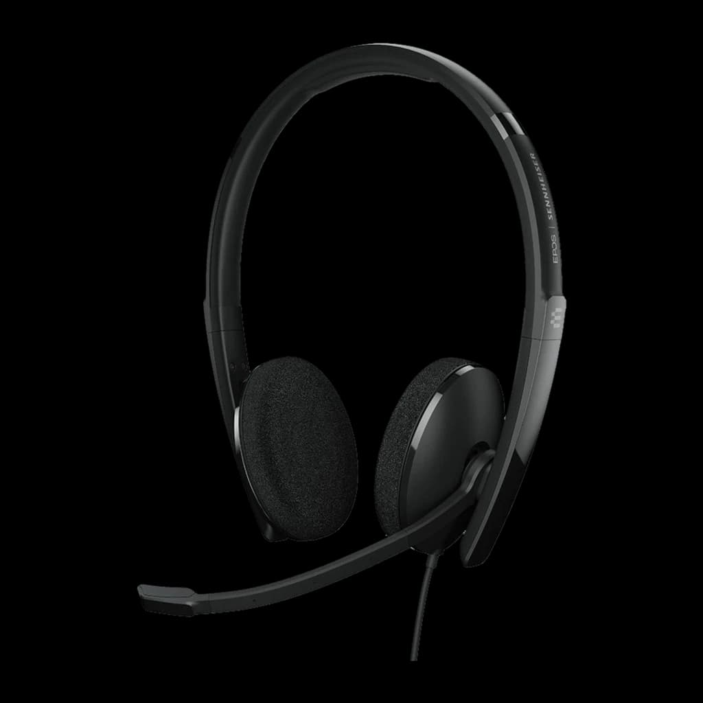 EPOS ADAPT 160T USB II negro, vista lateral: auriculares biaurales con almohadillas de espuma y micrófono flexible