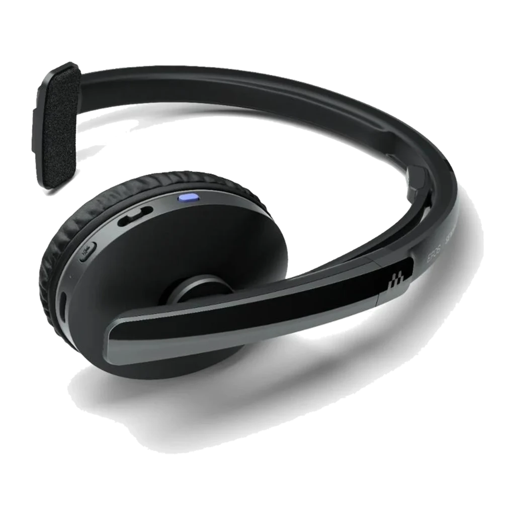EPOS ADAPT 231 preto, vista lateral: headset monoaural com microfone boom, logo EPOS Sennheiser e LED azul visível - Item1