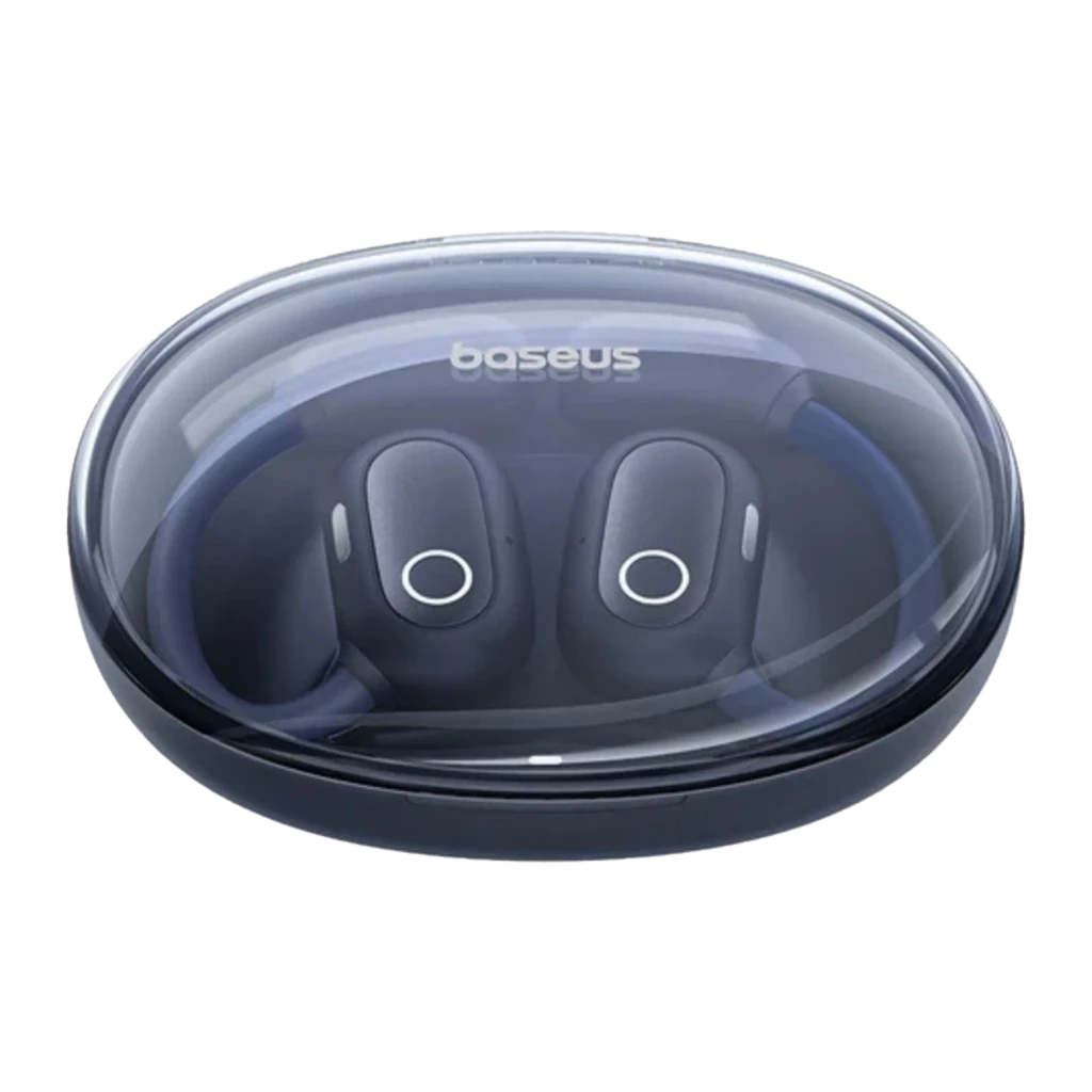Baseus Eli Sport 1 écouteurs noir, vue du dessus: étui ovale avec couvercle transparent et deux écouteurs à l'intérieur - Ítem