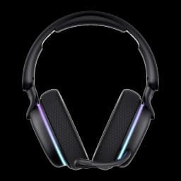 Havit Fuxi-H7 auriculares gaming negro, vista frontal: almohadillas hexagonales y luz RGB azul-morada en ambos cups
