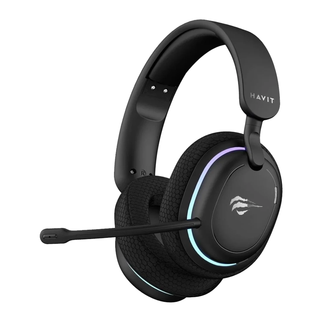 Havit Fuxi-H7 auriculares gaming negro, vista frontal: almohadillas hexagonales y luz RGB azul-morada en ambos cups - Ítem1
