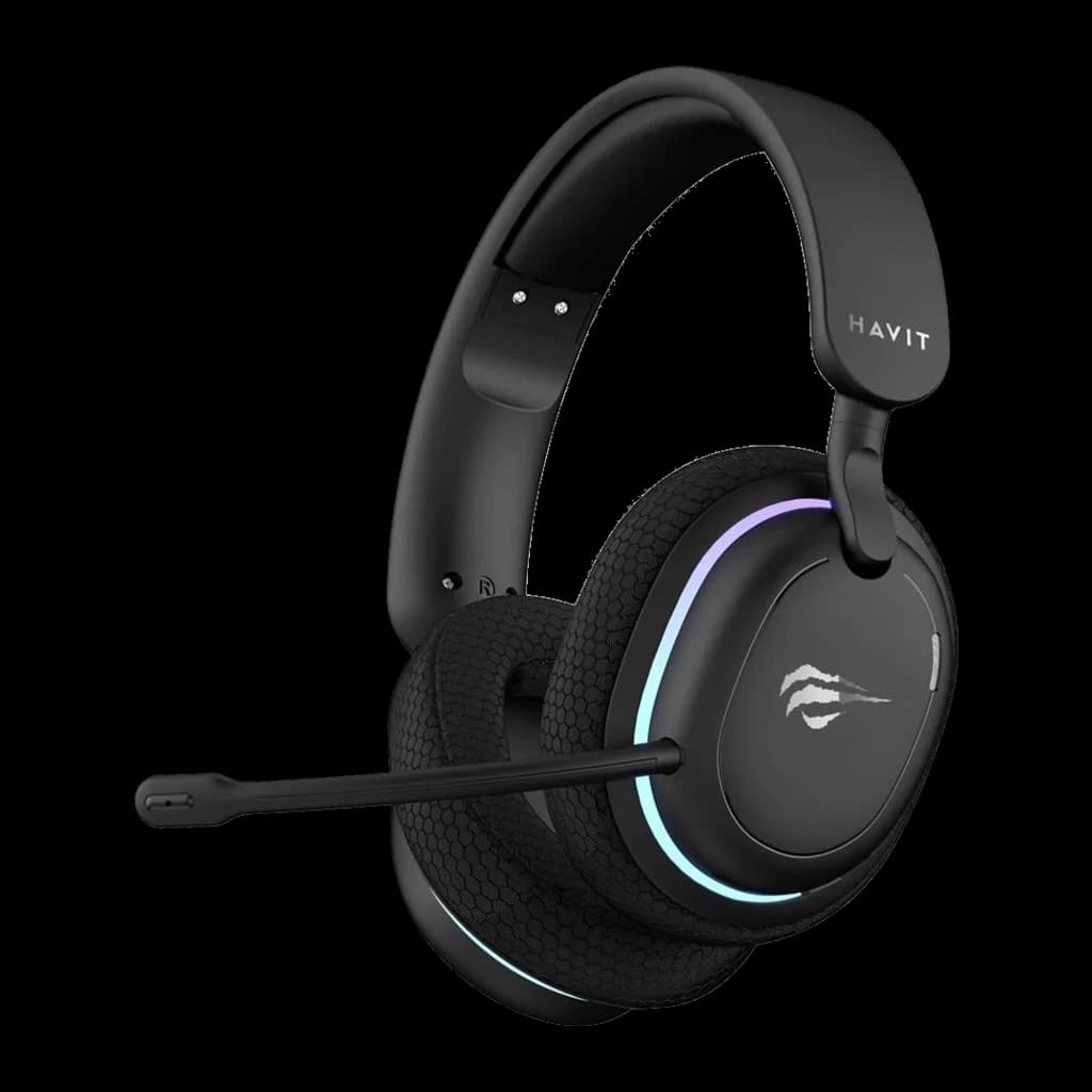 Havit Fuxi-H7 auriculares gaming negro, vista lateral 3/4: micrófono desplegado, logo Havit y RGB azul en cup derecho
