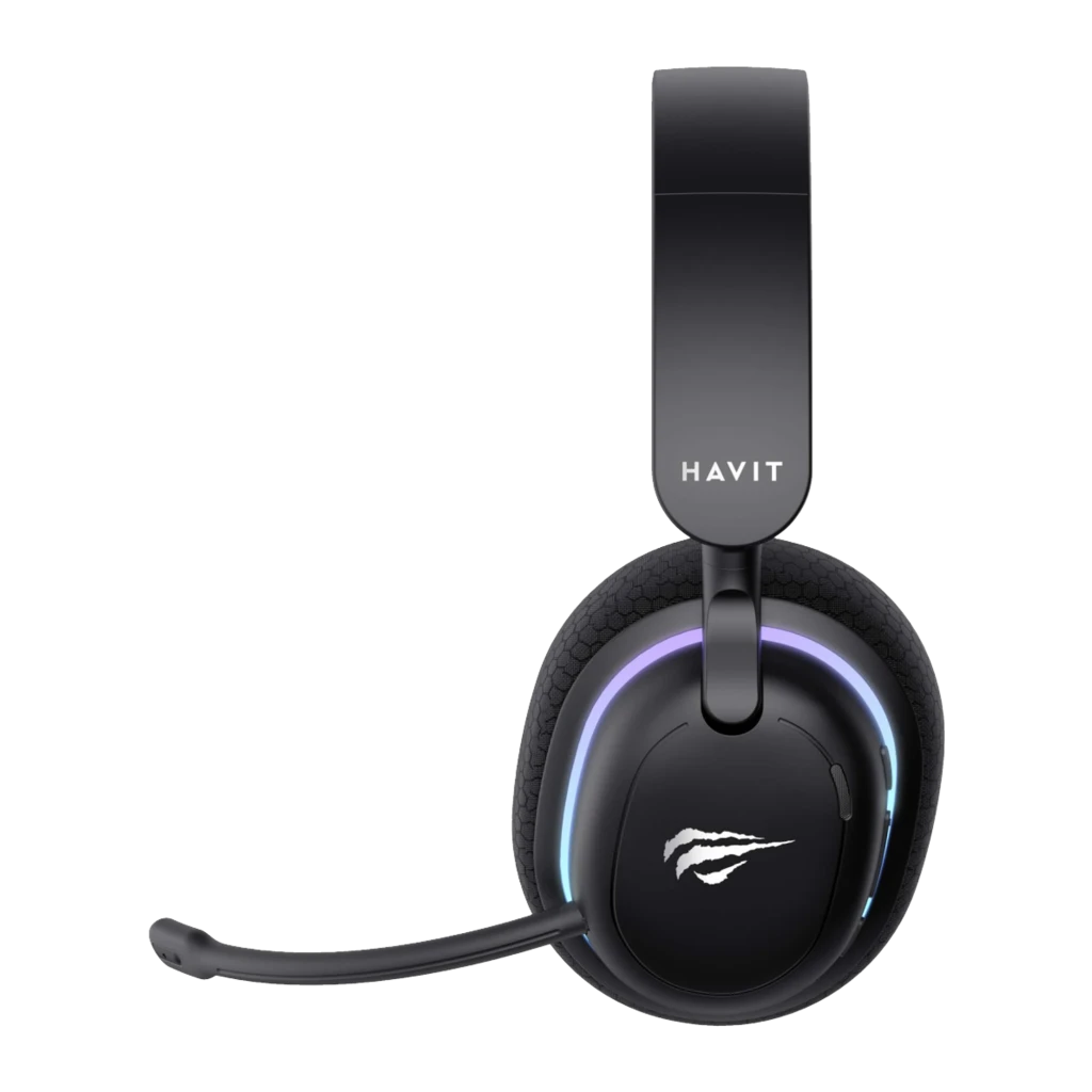 Havit Fuxi-H7 auriculares gaming negro, vista frontal: almohadillas hexagonales y luz RGB azul-morada en ambos cups - Ítem2