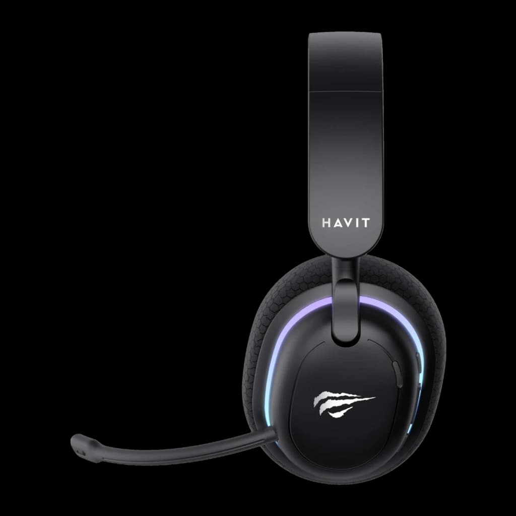 Havit Fuxi-H7 auriculares gaming negro, vista lateral pura: perfil del cup, logo Havit en diadema y micrófono flexible