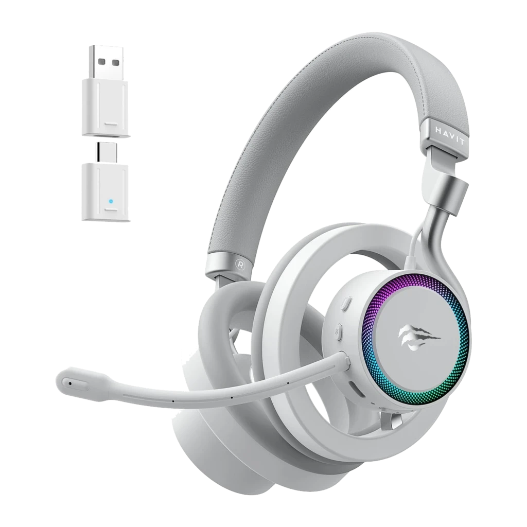 Havit Fuxi-H8 blanco, vista frontal: auriculares con diadema acolchada, almohadillas y micrófono flexible - Ítem2