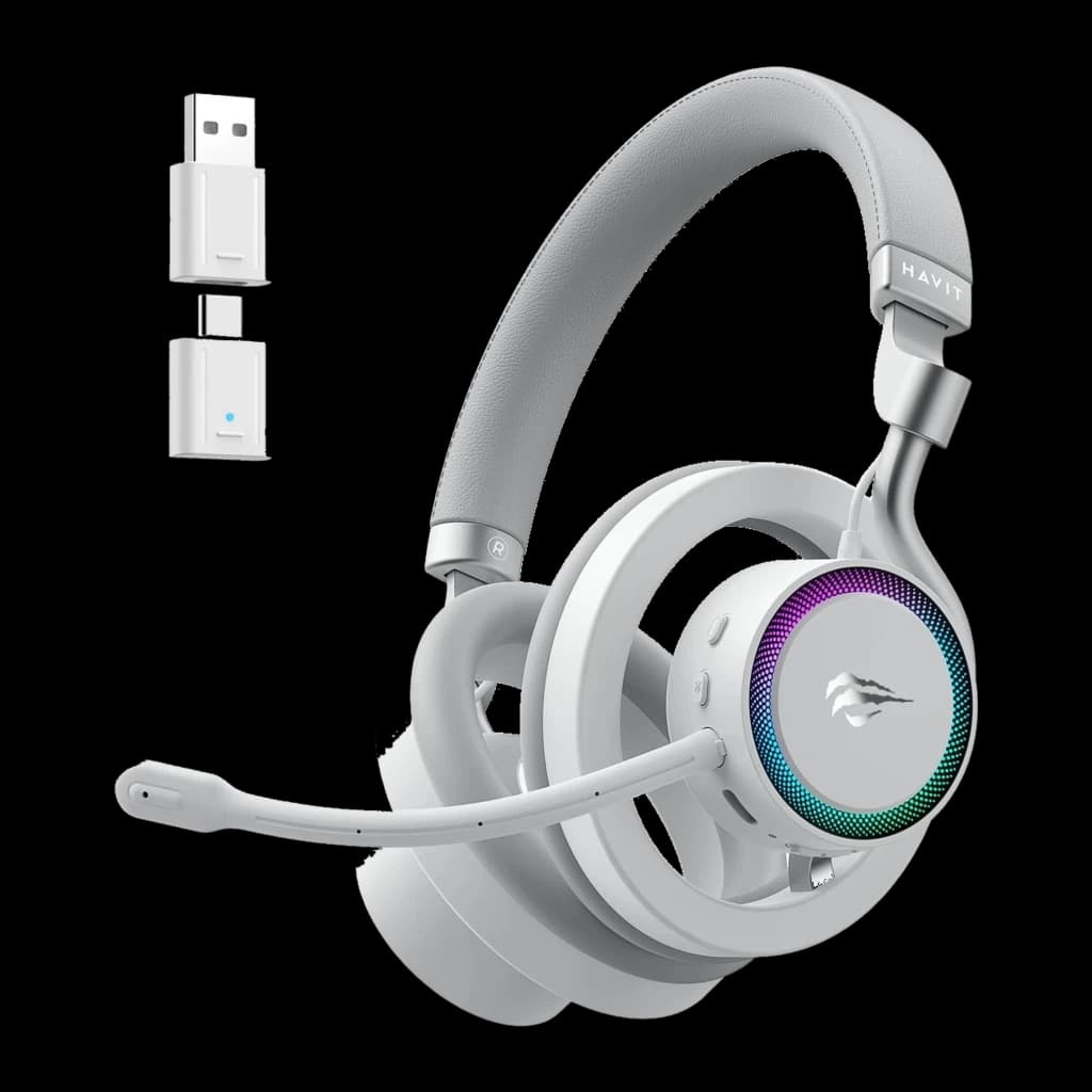 Havit Fuxi-H8 blanco, kit lateral derecho: auriculares con iluminación RGB en copa y receptor USB inalámbrico