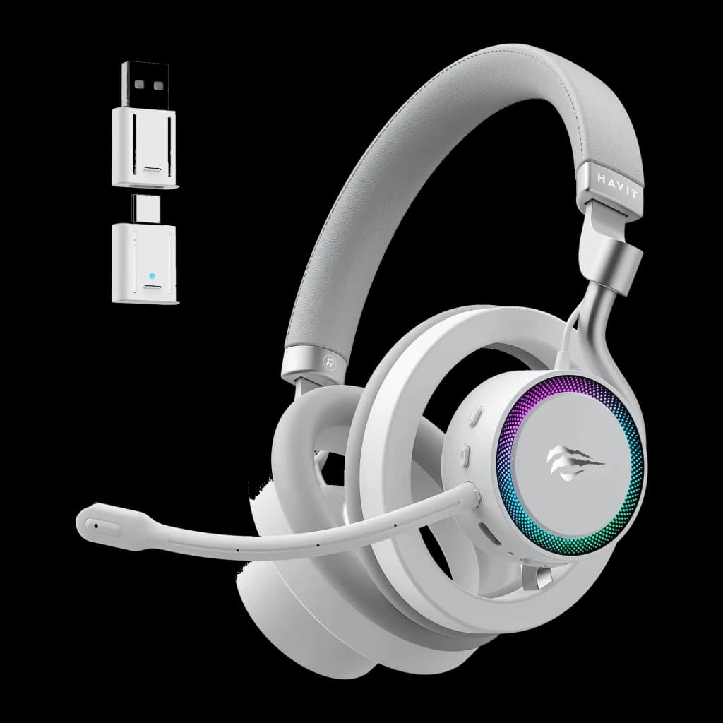 Havit Fuxi-H8 blanco, kit lateral derecho: auriculares RGB con micrófono extendido y dongle USB-A visible